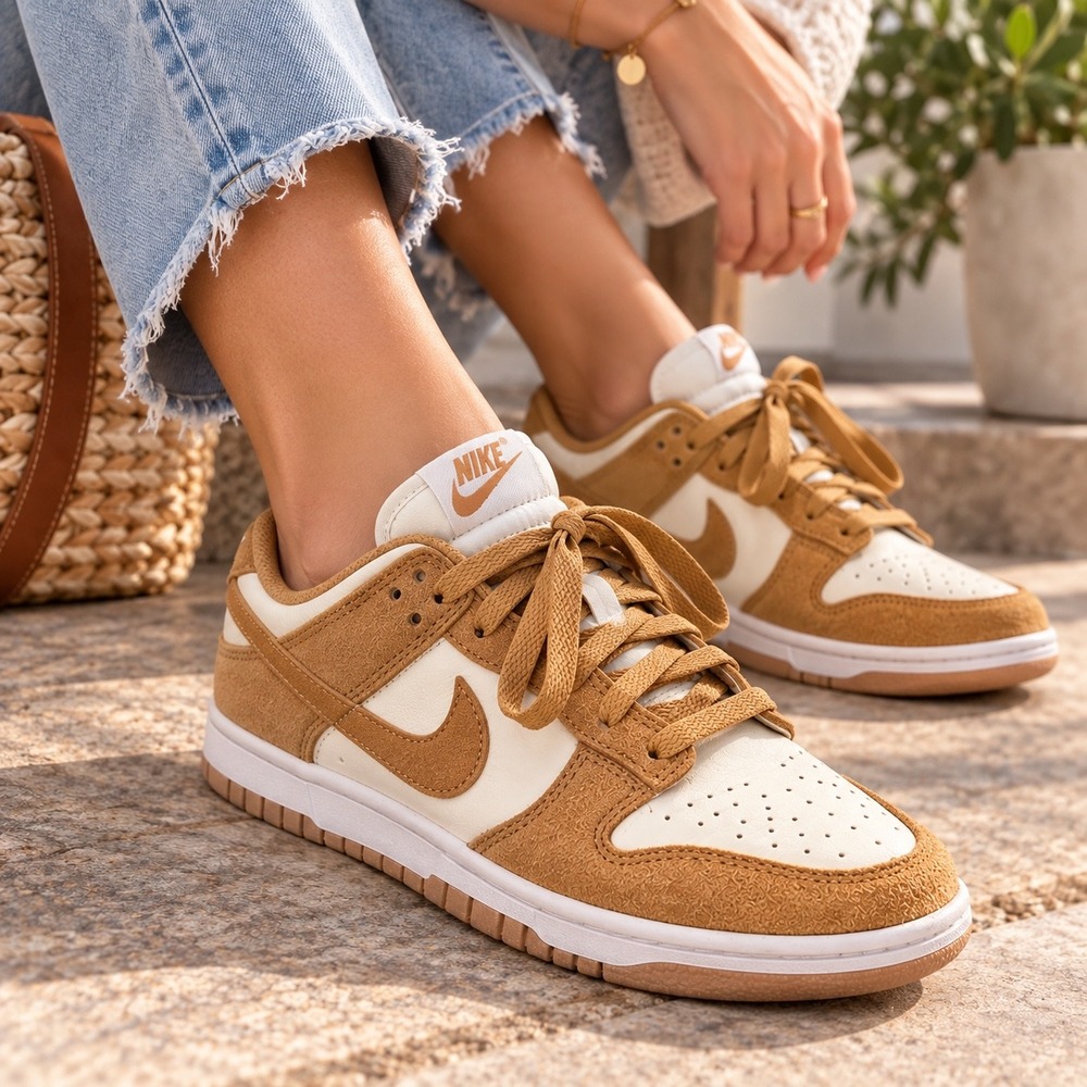 Nike Dunk Low Next Nature Sesame Sail Tan Suede Sneakers HJ7673-100 Womens 6.5